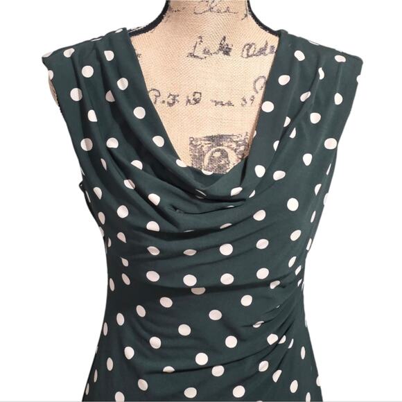 Connected Apparel Green Ivory Polka Dot Stretch Sheath Drape Neck Dress Size 10 - Picture 3 of 9